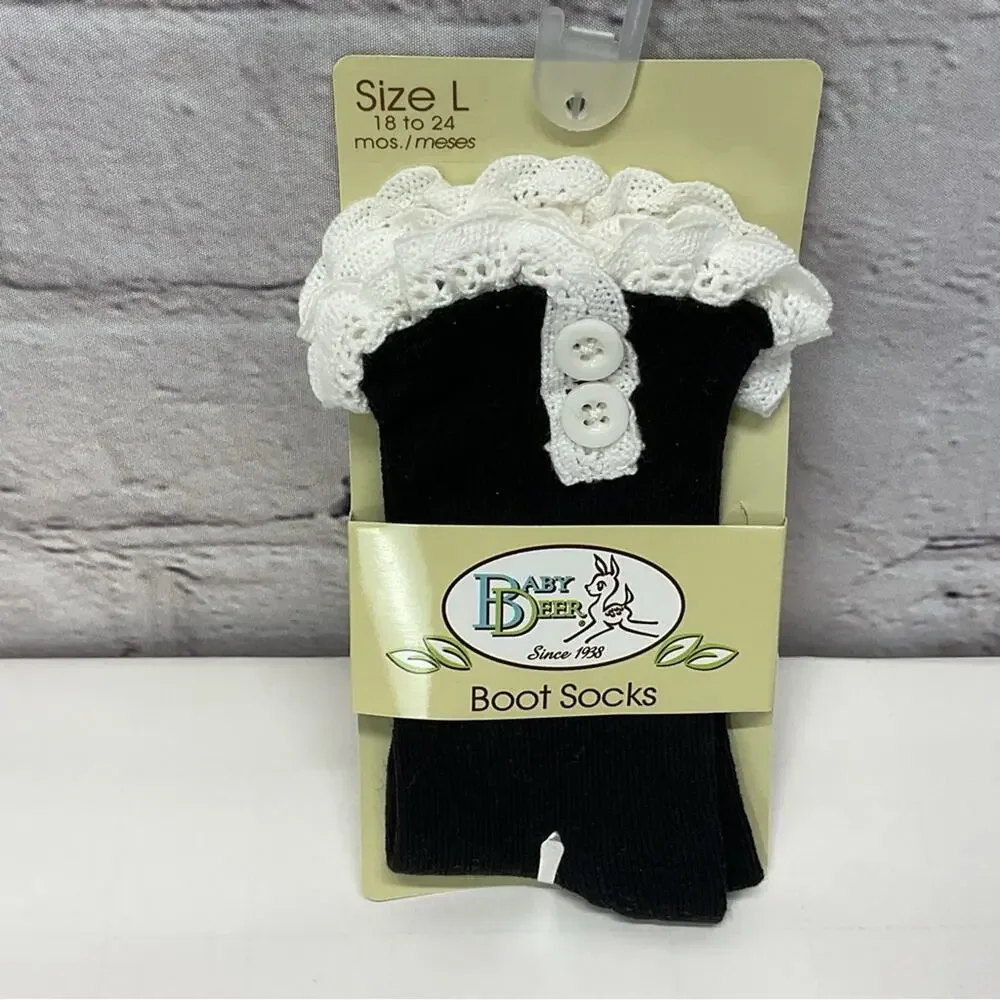 Baby Deer Boot Socks Girl's L (18-24mo) Ivory Pink Black Lace/Button Trim 3 Pair
